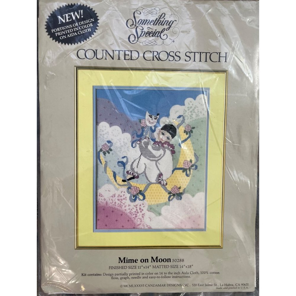 VTG ‘86 NWT Something Special Counted Cross Stitch Kit Mime On Moon 5028 11 X 14